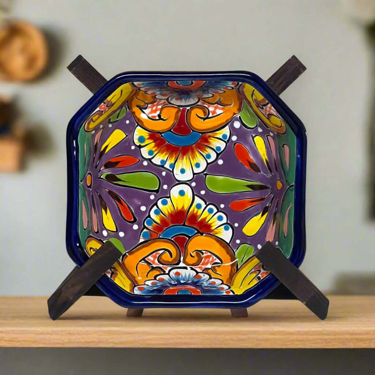 6.5" Square Talavera Bowl | Hand-Painted Mexican Dinnerware vibrant hand-painted floral square ceramic bowl in orange blue red and green
