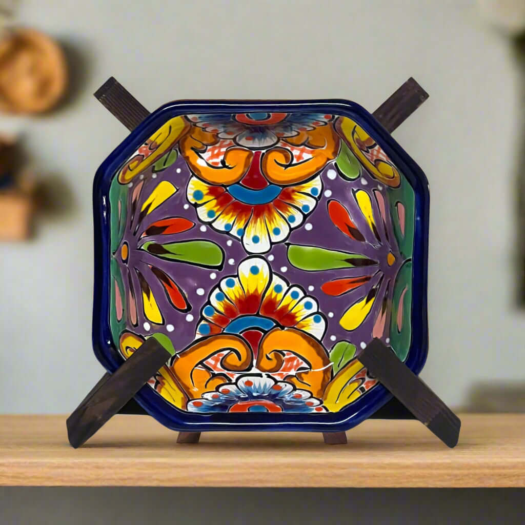 6.5" Square Talavera Bowl | Hand-Painted Mexican Dinnerware vibrant hand-painted floral square ceramic bowl in orange blue red and green