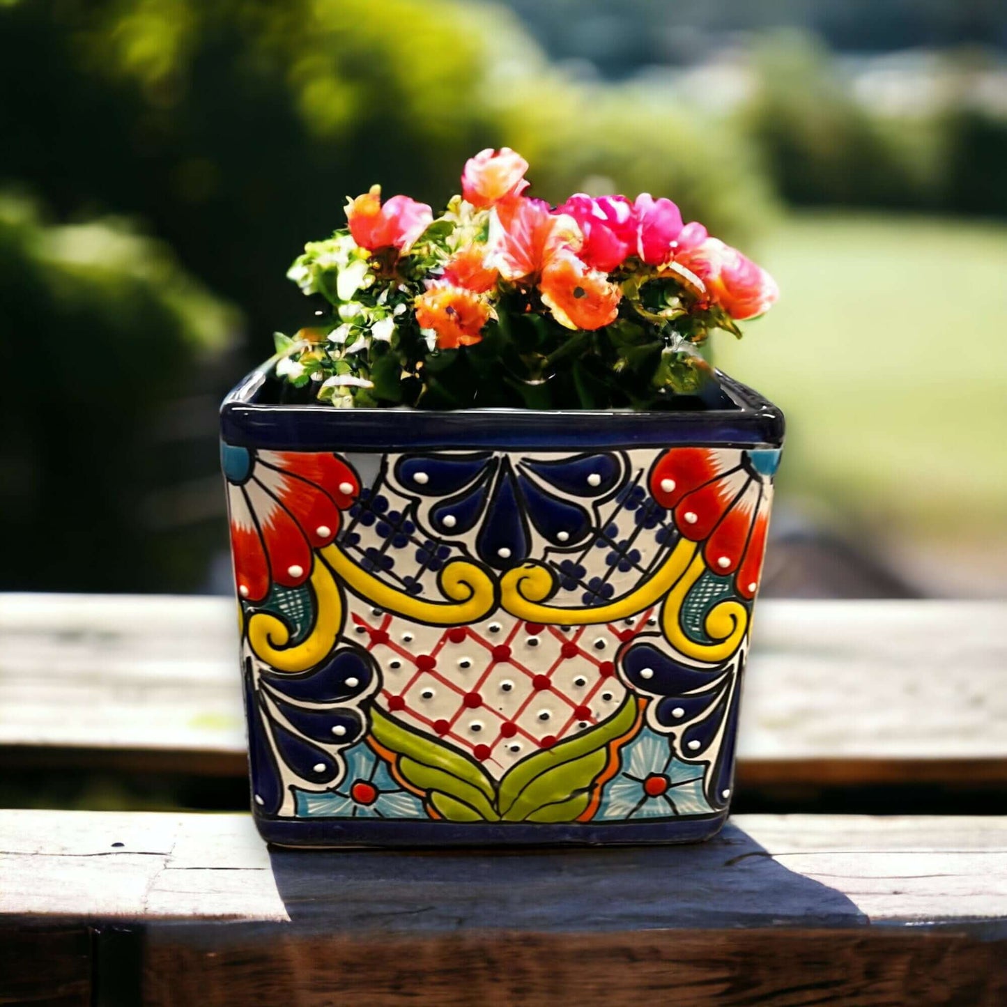 Set of 3 Hand-Painted Talavera Square Planters Set | Colorful Floral Pots - single vibrant hand-painted Talavera square planter with pink flowers