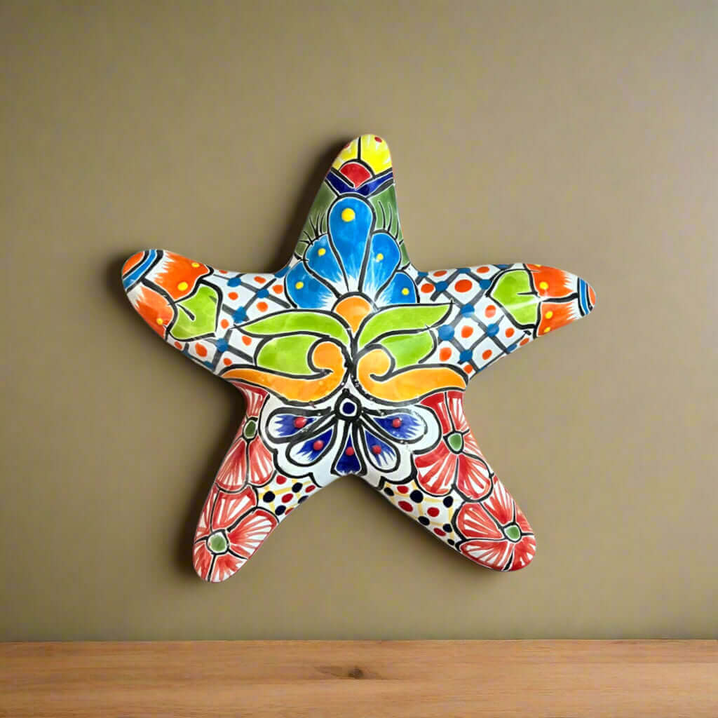 Talavera Starfish Decor | Hand-Painted Mexican Wall Art — colorful hand-painted Talavera ceramic starfish with floral and geometric patterns