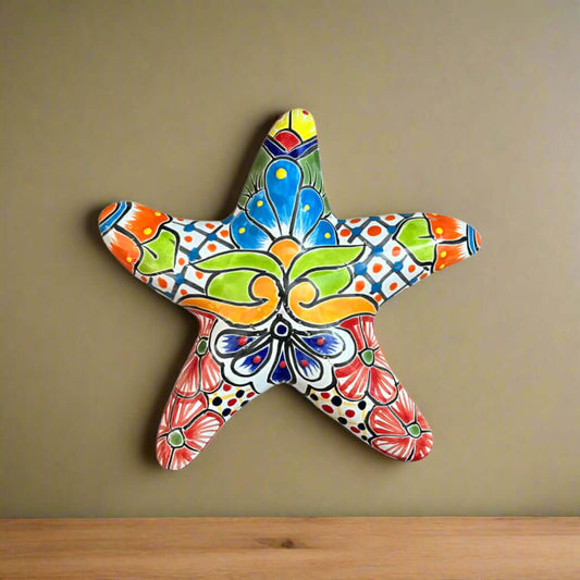 Talavera Starfish Decor | Hand-Painted Mexican Wall Art — colorful hand-painted Talavera ceramic starfish with floral and geometric patterns