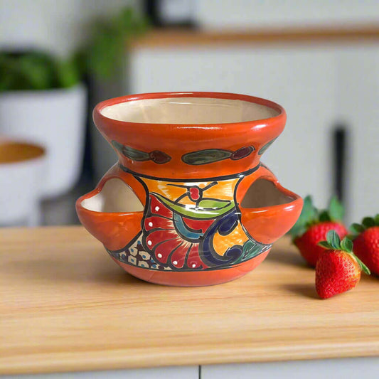 Talavera Strawberry Planter | Hand-Painted Mexican Pot - handcrafted red-orange Talavera pot for strawberries, herbs, or succulents, lead-free glaze