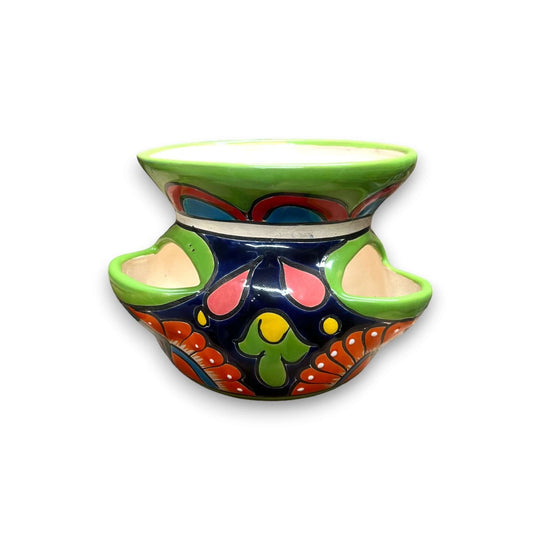 Talavera Strawberry Planter | Hand-Painted Mexican Pot - hand-painted Talavera strawberry planter with green rim, dual side pockets for strawberries or herbs