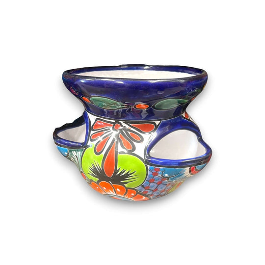 Talavera Strawberry Planter | Hand-Painted Mexican Pot - hand-painted blue floral strawberry planter for herbs and succulents