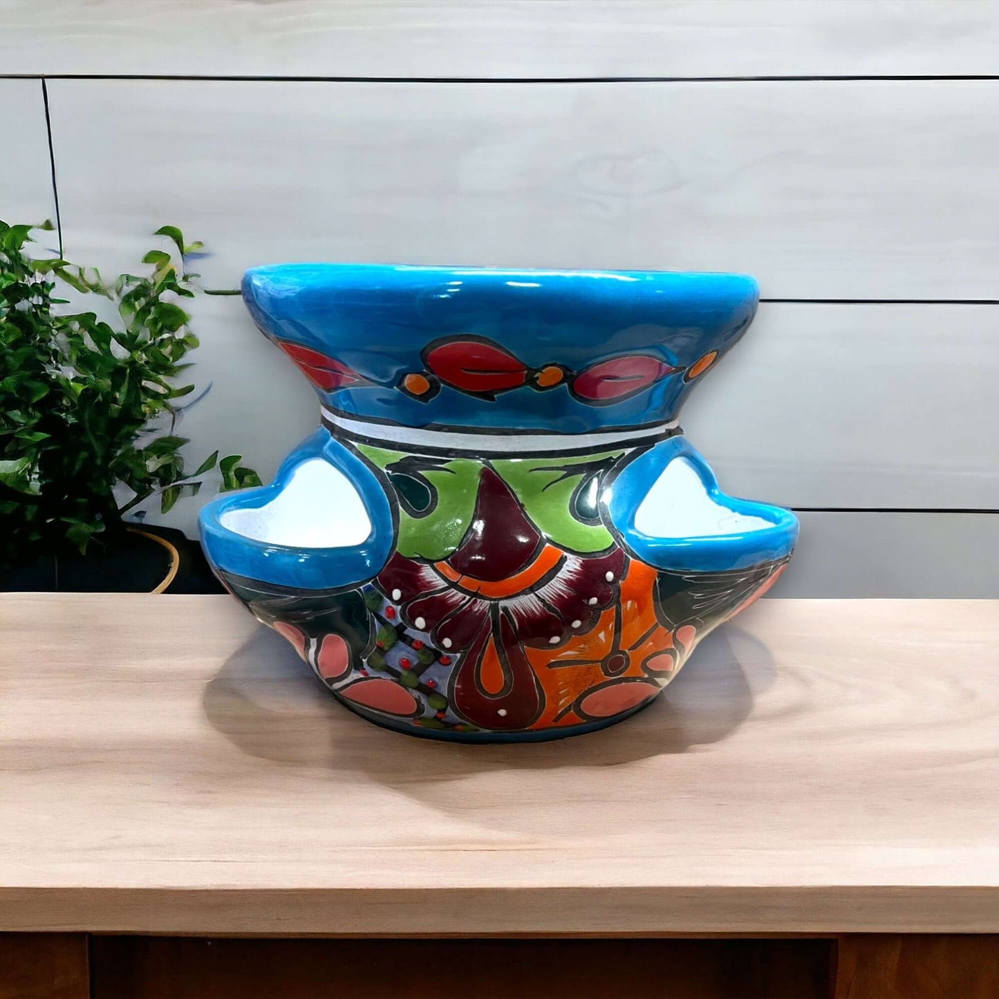 Talavera Strawberry Planter | Hand-Painted Mexican Pot - vibrant hand-painted Talavera strawberry planter for herbs, strawberries, succulents