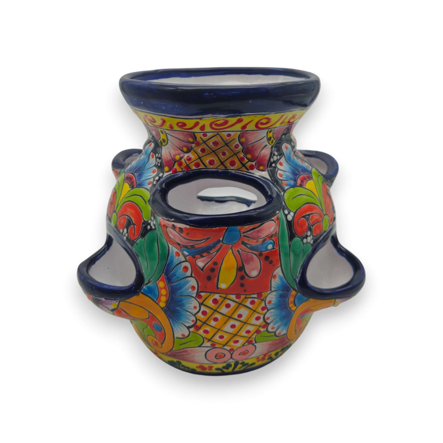 Blue Rim Talavera Strawberry Pot | Hand-Painted Mexican Planter - hand-painted tiered strawberry planter with blue rim and multicolor floral motifs
