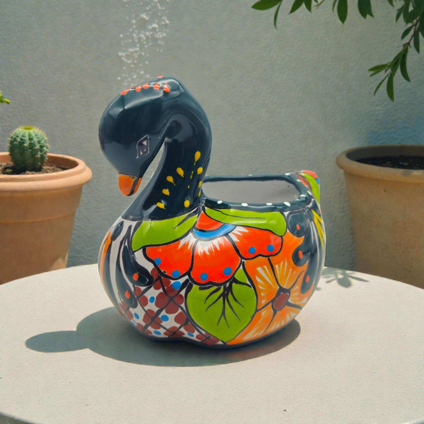 Talavera Swan Planter | Colorful Hand-Painted Mexican Pottery - hand-painted cobalt blue swan planter with bold floral Talavera design