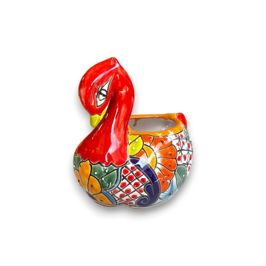 Talavera Swan Planter | Colorful Hand-Painted Mexican Pottery — hand-painted red swan ceramic planter with bold Talavera floral patterns