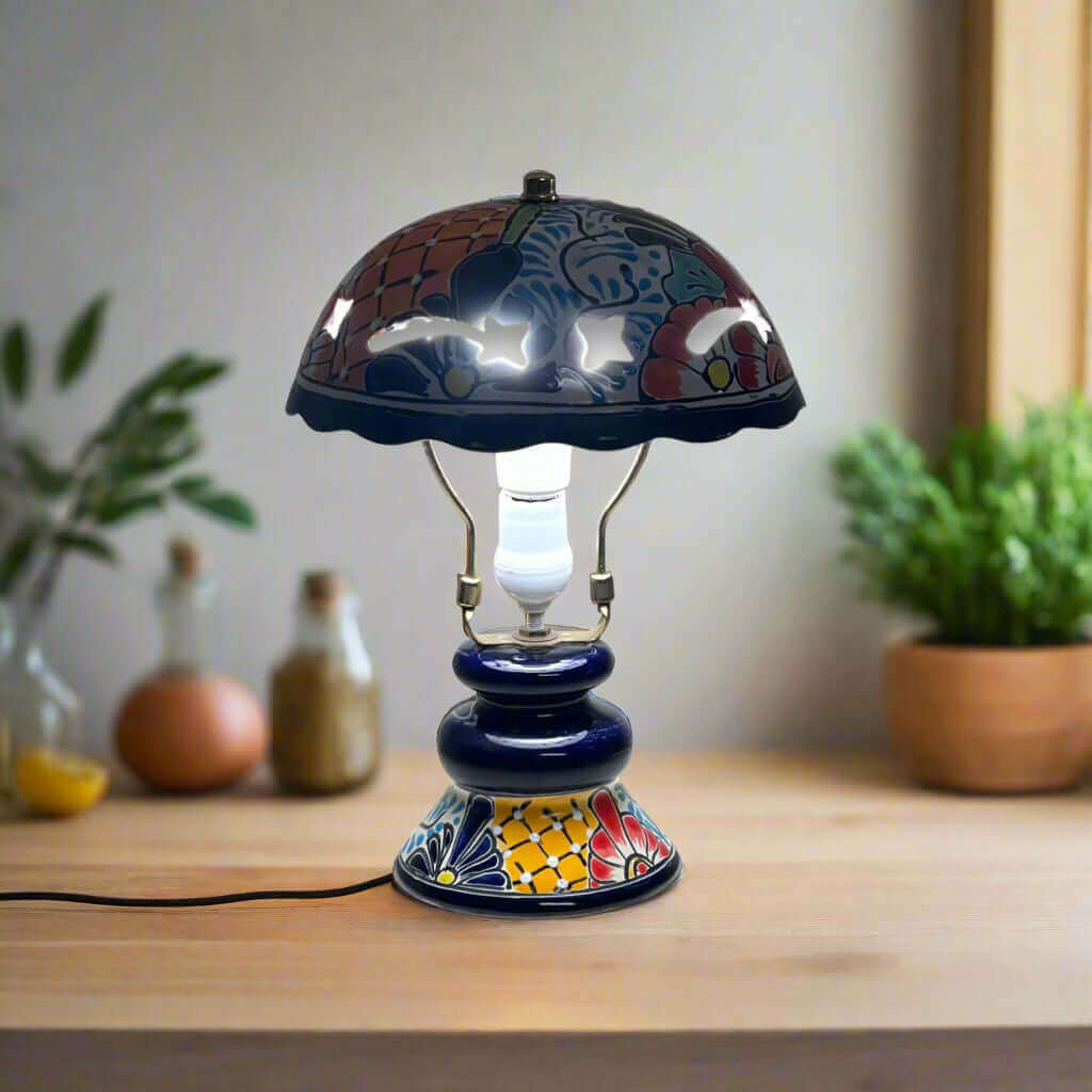 Talavera Table Lamp | Colorful Hand-Painted Mexican Ceramic Light on wooden table with floral painted base and dome shade