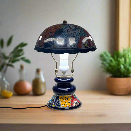 Talavera Table Lamp | Colorful Hand-Painted Mexican Ceramic Light on wooden table with floral painted base and dome shade