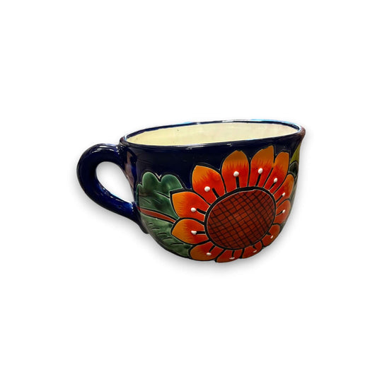 Talavera Tea Cup Planter | Hand-Painted Mexican Ceramic Pot with bright hand-painted sunflower design on navy background