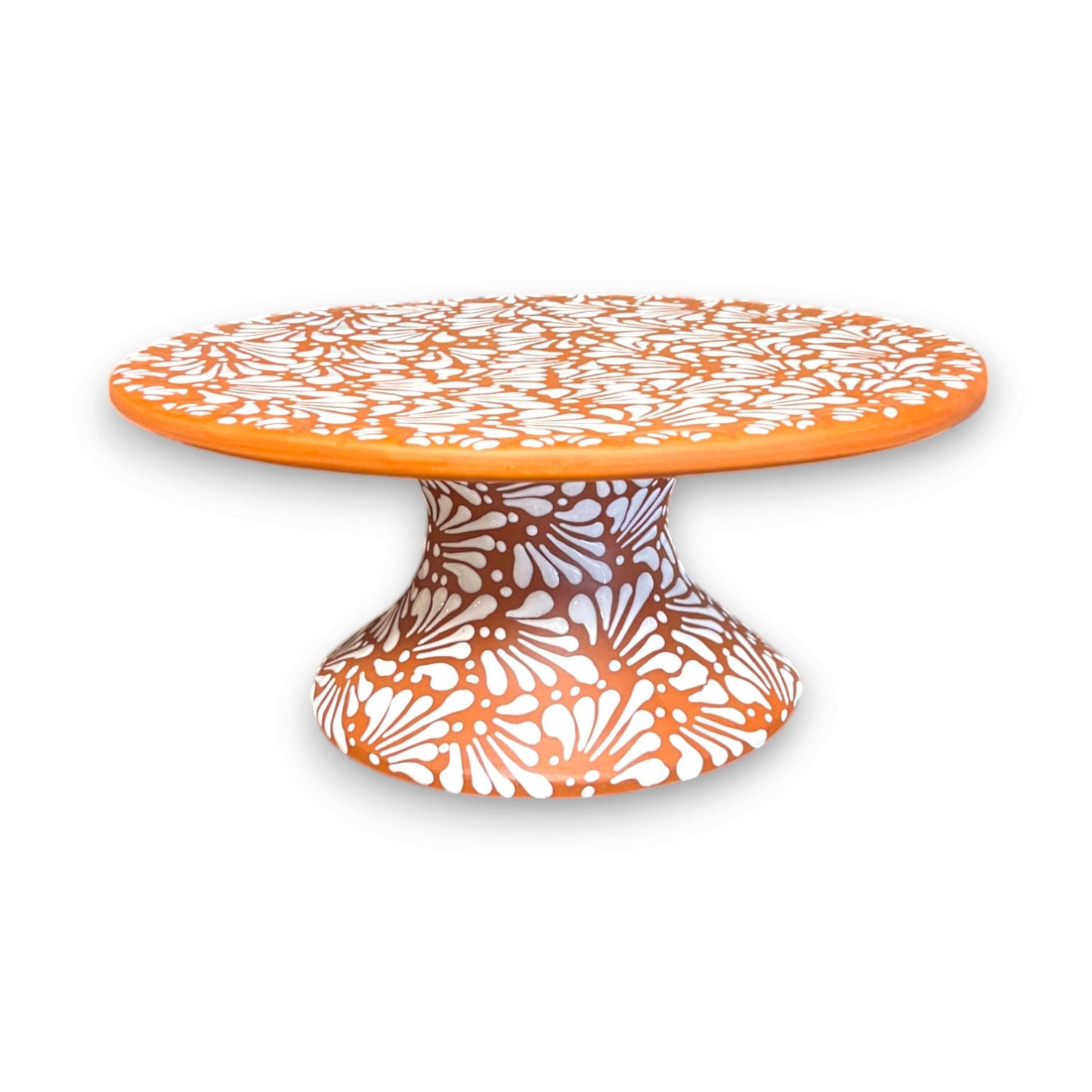 Talavera Cake Stand Set | Two-Piece Handmade Dessert Pedestal - hand-painted terracotta base with white floral design