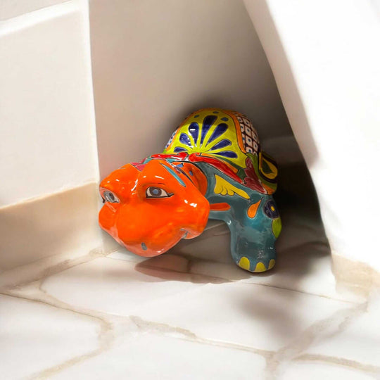 Talavera Tortoise Sculpture | Hand-Painted Mexican Ceramic Art — hand-painted colorful Mexican ceramic turtle statue by The Talavera Hub