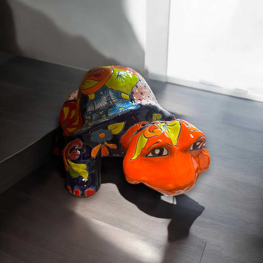 Talavera Tortoise Sculpture | Hand-Painted Mexican Ceramic Art - hand-painted colorful Mexican ceramic turtle with floral Talavera design