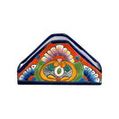 Talavera Napkin Holder | Hand-Painted Mexican Ceramic Decor - hand-painted triangular Talavera napkin holder with cobalt rim and vivid floral pattern