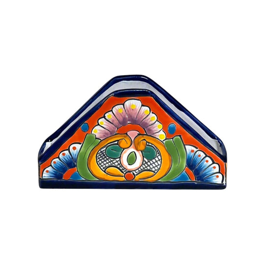 Talavera Napkin Holder | Hand-Painted Mexican Ceramic Decor - hand-painted triangular Talavera napkin holder with cobalt rim and vivid floral pattern