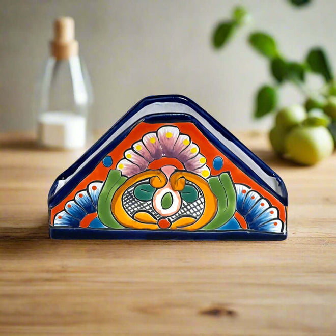 Talavera Napkin Holder | Hand-Painted Mexican Ceramic Decor - hand-painted triangular Talavera napkin holder with cobalt rim and vivid floral pattern