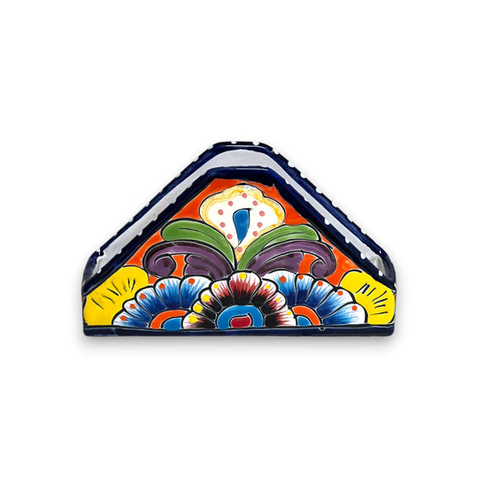 Talavera Napkin Holder | Hand-Painted Mexican Ceramic Decor - triangular hand-painted Talavera with vivid floral pattern and cobalt blue rim