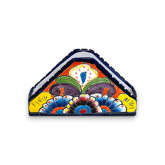 Talavera Napkin Holder | Hand-Painted Mexican Ceramic Decor - triangular hand-painted Talavera with vivid floral pattern and cobalt blue rim