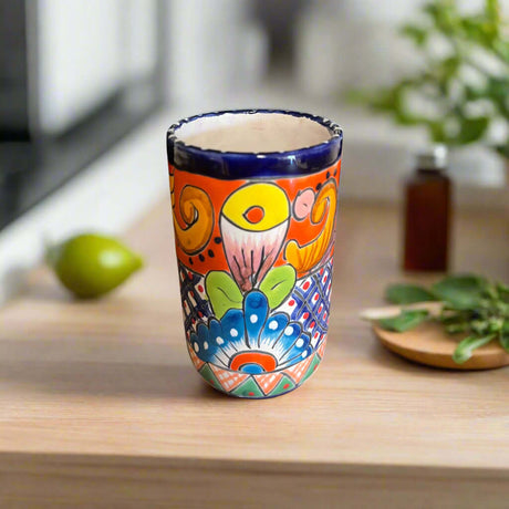 Talavera Tumbler Cup | Hand-Painted Mexican Ceramic Glass tall hand-painted Talavera glass tumbler with cobalt rim and floral scroll design