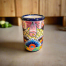 Talavera Tumbler Cup | Hand-Painted Mexican Ceramic Glass – tall hand-painted Talavera tumbler with cobalt rim, floral and scroll Mexican ceramic design