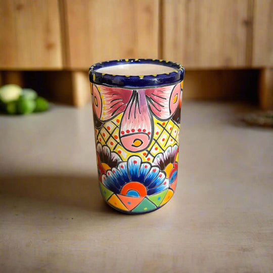 Talavera Tumbler Cup | Hand-Painted Mexican Ceramic Glass – tall hand-painted Talavera tumbler with cobalt rim, floral and scroll Mexican ceramic design