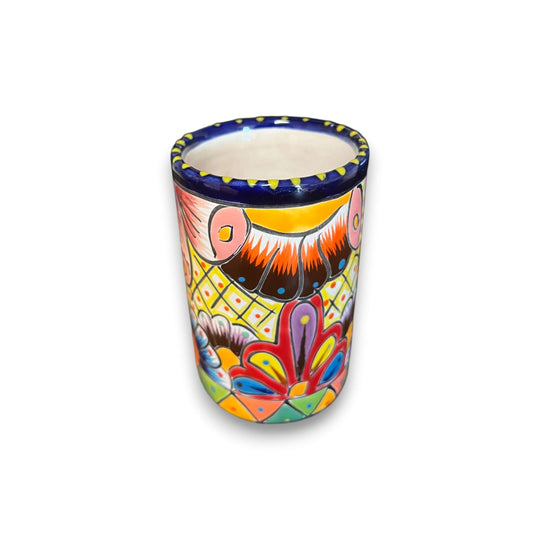 Talavera Tumbler Cup | Hand-Painted Mexican Ceramic Glass - tall hand-painted Talavera tumbler with cobalt rim and floral scroll design