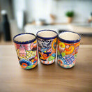 Talavera Tumbler Cup | Hand-Painted Mexican Ceramic Glass - set of three vibrant hand-painted Talavera tumblers with cobalt rims
