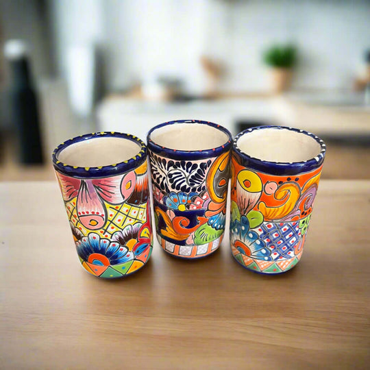 Talavera Tumbler Cup | Hand-Painted Mexican Ceramic Glass - set of three vibrant hand-painted Talavera tumblers with cobalt rims