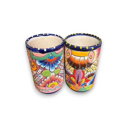 Talavera Tumbler Cup | Hand-Painted Mexican Ceramic Glass - pair of vibrant hand-painted Talavera tumblers with cobalt rims and floral designs