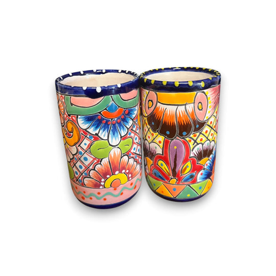 Talavera Tumbler Cup | Hand-Painted Mexican Ceramic Glass - pair of tall hand-painted Talavera tumblers with cobalt rims and floral designs