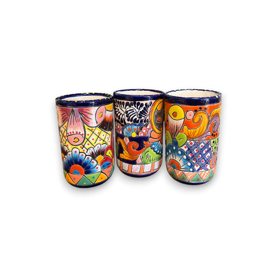 Talavera Tumbler Cup | Hand-Painted Mexican Ceramic Glass hand-painted tall cylindrical tumbler with cobalt rim and colorful floral Talavera designs