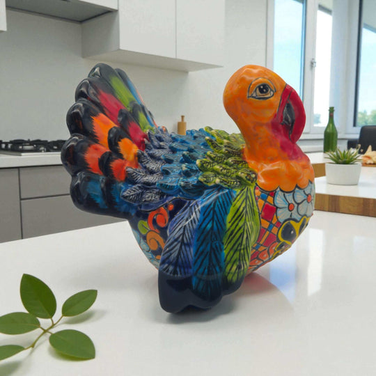 Colorful Talavera Turkey Figurine | Hand-Painted Mexican Folk Art — hand-painted vibrant Talavera turkey figurine with floral and feather patterns