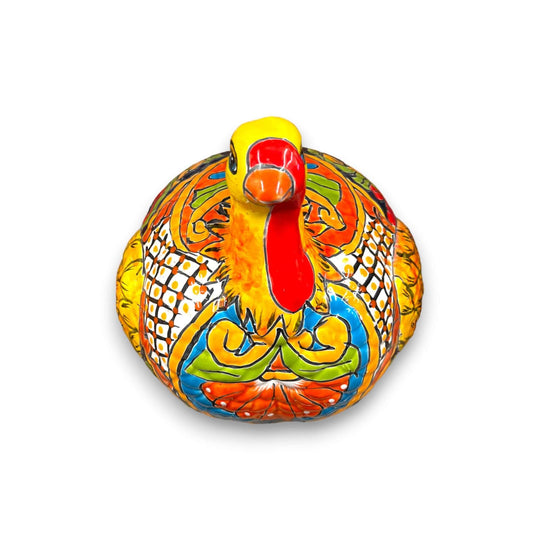 Talavera Turkey Statue | Hand-Painted Mexican Folk Art - vibrant hand-painted Talavera turkey with yellow, red, blue folk art patterns, kiln-fired, lead-free glaze