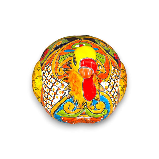 Talavera Turkey Statue | Hand-Painted Mexican Folk Art - vibrant hand-painted ceramic turkey with yellow, red, green and blue folk patterns