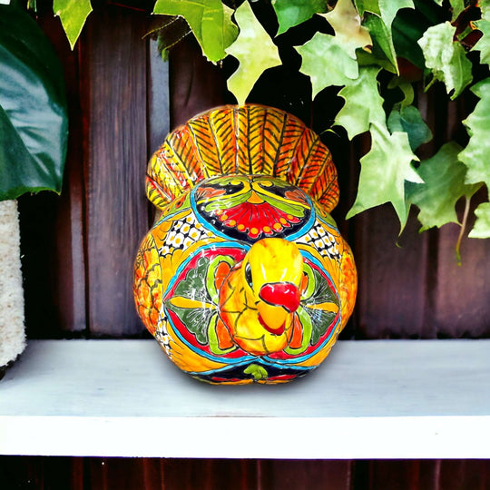 Talavera Turkey Statue | Hand-Painted Mexican Folk Art - vibrant hand-painted yellow, red and green ceramic turkey with detailed feathers