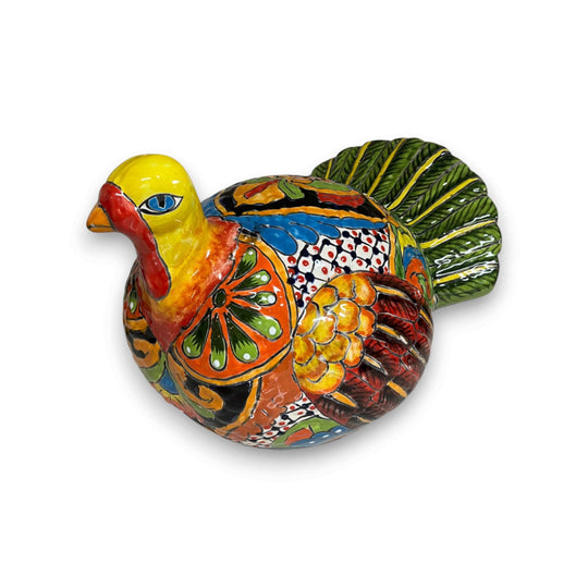 Talavera Turkey Statue | Hand-Painted Mexican Folk Art - vibrant hand-painted Talavera ceramic turkey with yellow head, multicolor feathers and green tail