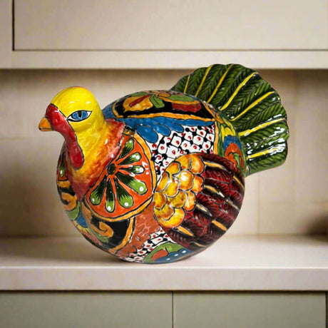 Talavera Turkey Statue | Hand-Painted Mexican Folk Art, vibrant hand-painted ceramic turkey with bold yellow, green, red and blue folk patterns