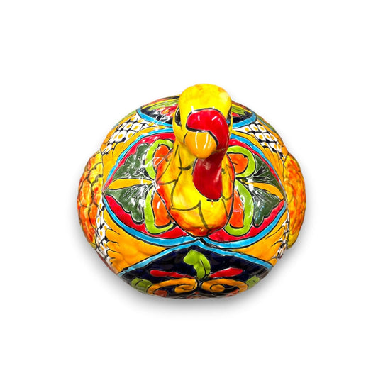 Talavera Turkey Statue | Hand-Painted Mexican Folk Art, vibrant hand-painted kiln-fired turkey with yellow, red, green folk patterns