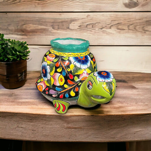 Vibrant Talavera Turtle Planter | Colorful Hand-Painted Mexican Pottery (Medium) - hand-painted Talavera turtle planter with floral pattern, kiln-fired lead-free glaze