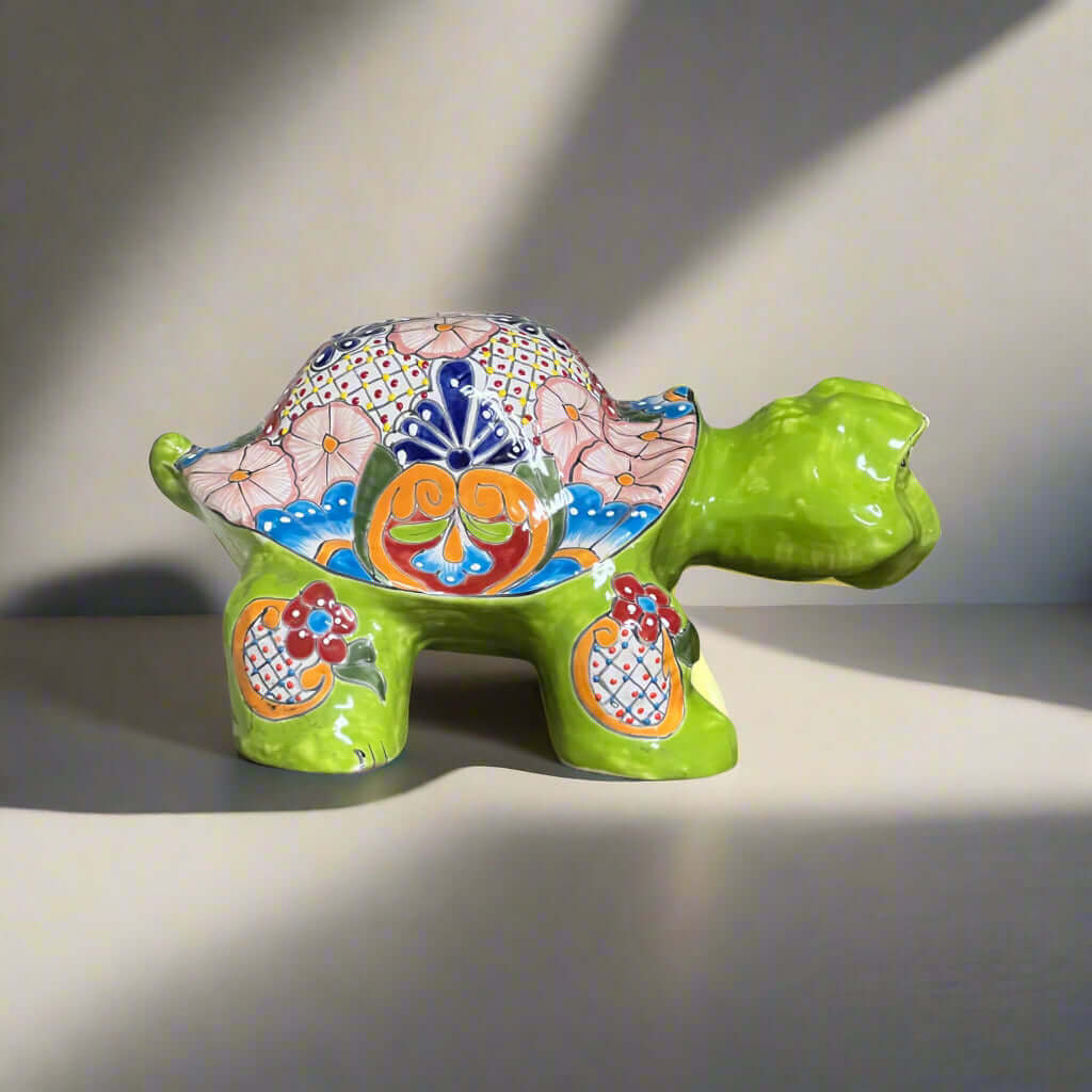 Talavera Turtle Statue | Hand-Painted Mexican Ceramic Tortoise - bright green hand-painted Talavera ceramic turtle with floral geometric shell