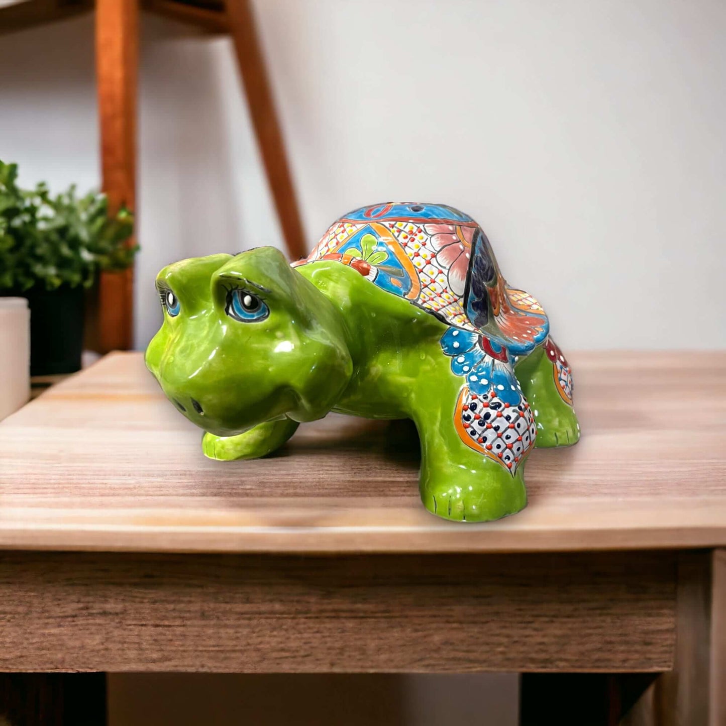 Talavera Turtle Statue | Hand-Painted Mexican Ceramic Tortoise - bright green hand-painted Talavera ceramic turtle with floral shell, kiln-fired lead-free glaze