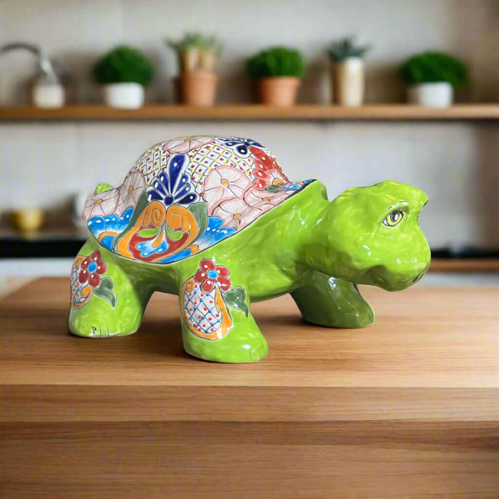 Talavera Turtle Statue | Hand-Painted Mexican Ceramic Tortoise bright green hand-painted Talavera ceramic garden turtle sculpture