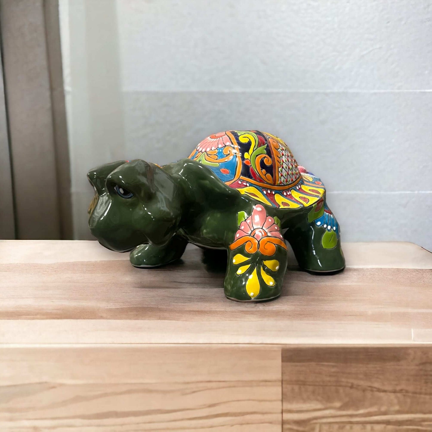 Talavera Turtle Statue | Hand-Painted Mexican Ceramic Tortoise - green hand-painted Talavera ceramic tortoise with floral shell