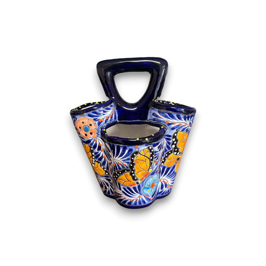 Talavera Utensil Holder | Hand-Painted Mexican Kitchen Organizer - hand-painted blue floral ceramic utensil caddy with three compartments and handle