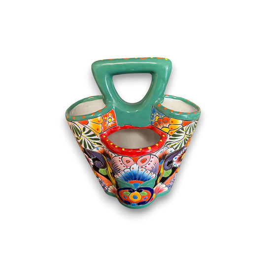 Alt Tag: Talavera Utensil Holder | Hand-Painted Mexican Kitchen Organizer hand-painted three-compartment ceramic organizer with floral Talavera design
