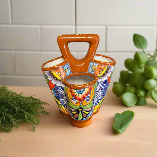 Talavera Utensil Holder | Hand-Painted Mexican Kitchen Organizer - hand-painted three-compartment Talavera ceramic utensil caddy