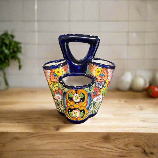 Talavera Utensil Holder | Hand-Painted Mexican Kitchen Organizer - hand-painted three-compartment ceramic utensil holder with floral Talavera design