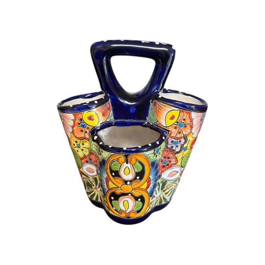 Talavera Utensil Holder | Hand-Painted Mexican Kitchen Organizer - hand-painted three-compartment ceramic utensil holder with floral Talavera design
