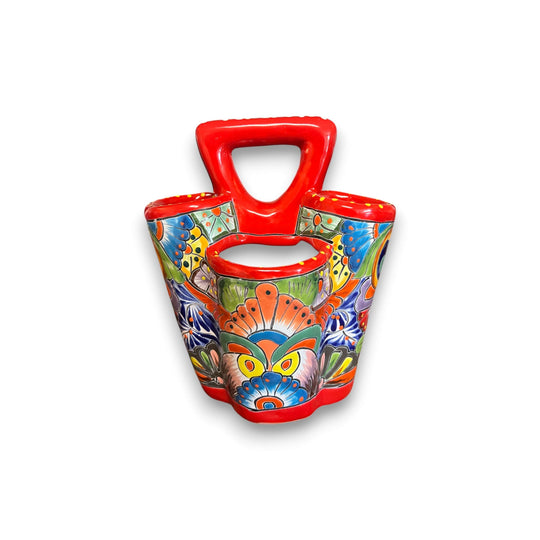 Talavera Utensil Holder | Hand-Painted Mexican Kitchen Organizer - colorful three-compartment hand-painted Talavera ceramic organizer with handle